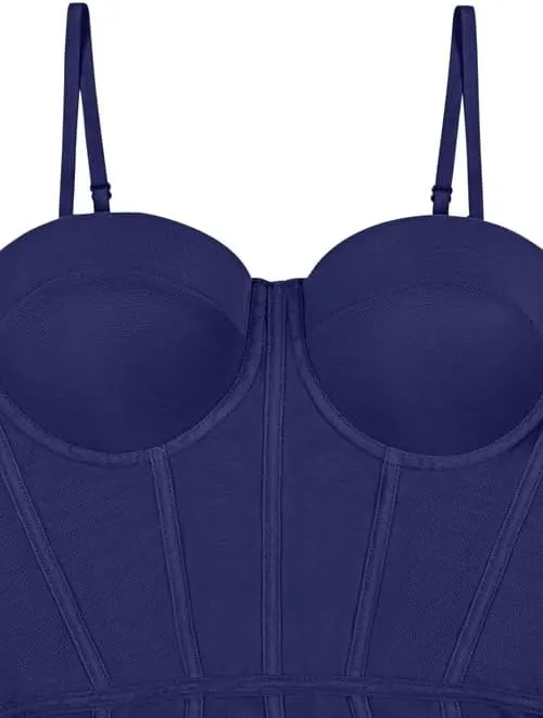 REORIA Women's Trendy Sexy Mesh Sheer Spaghetti Strap Going Out Slimming Bustier Corset Bodysuit With Built In Bra
