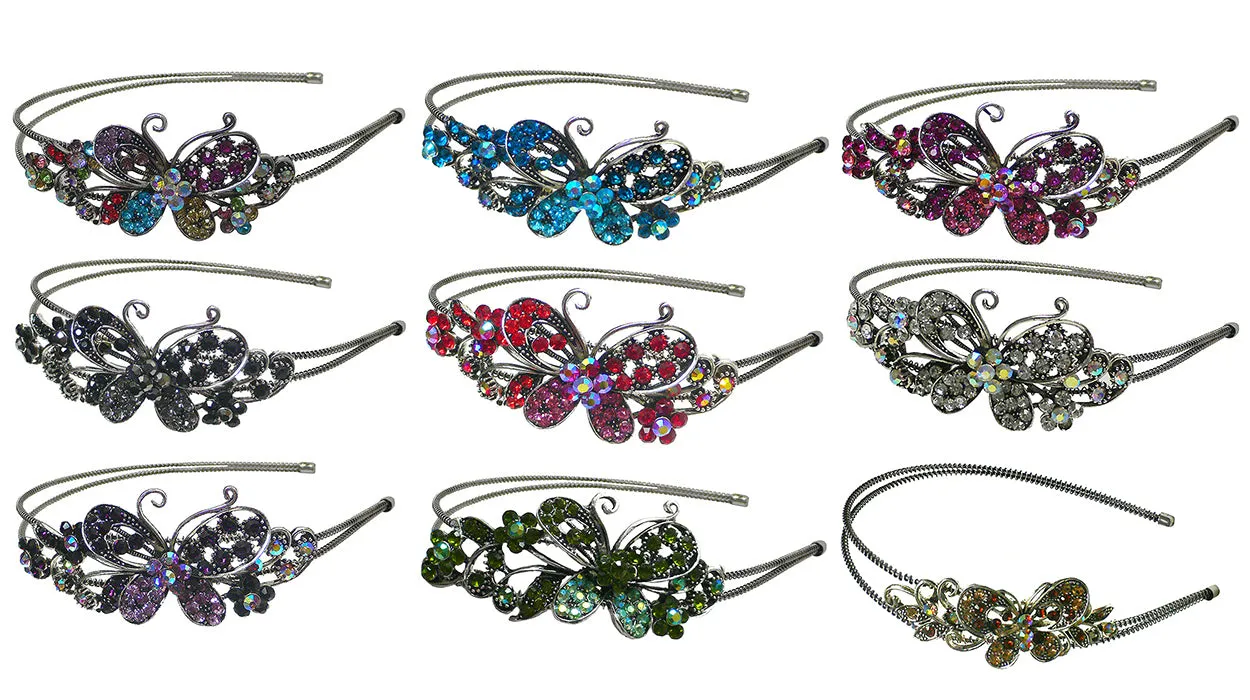 Set of 9 Crystal Butterfly Headbands Double Metal Wire Hairbands U86121-0124-9