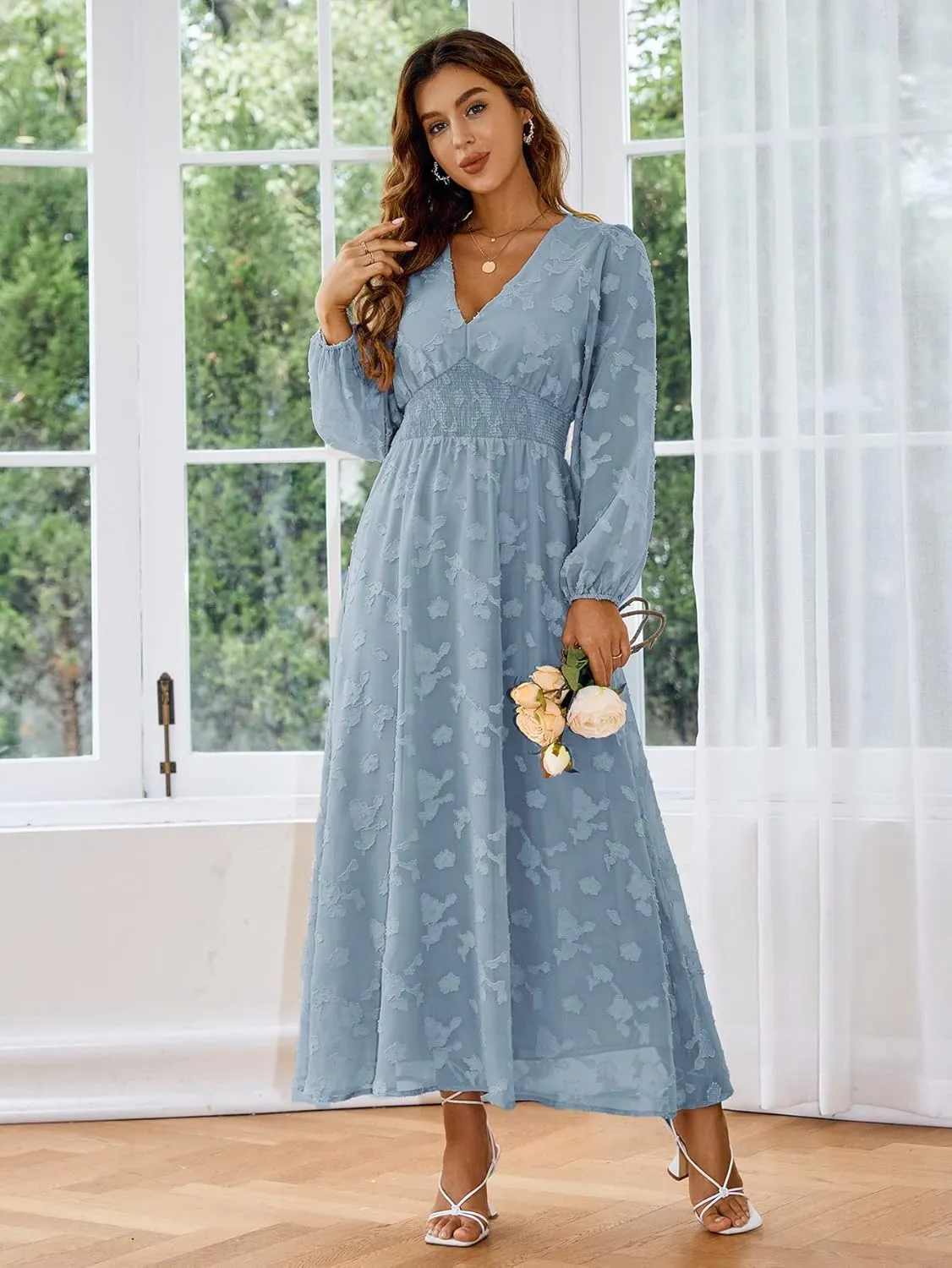 Simplee Women's Boho Floral Maxi Dress Flowy Casual V Neck Short Sleeve Wedding Guest Holiday Beach Long Dress