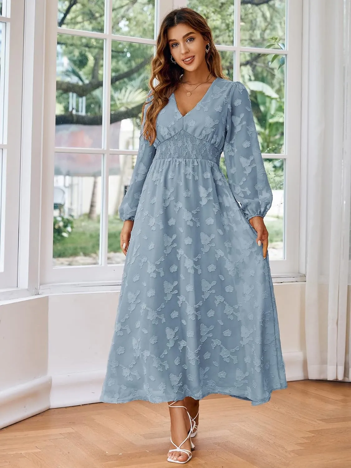 Simplee Women's Boho Floral Maxi Dress Flowy Casual V Neck Short Sleeve Wedding Guest Holiday Beach Long Dress
