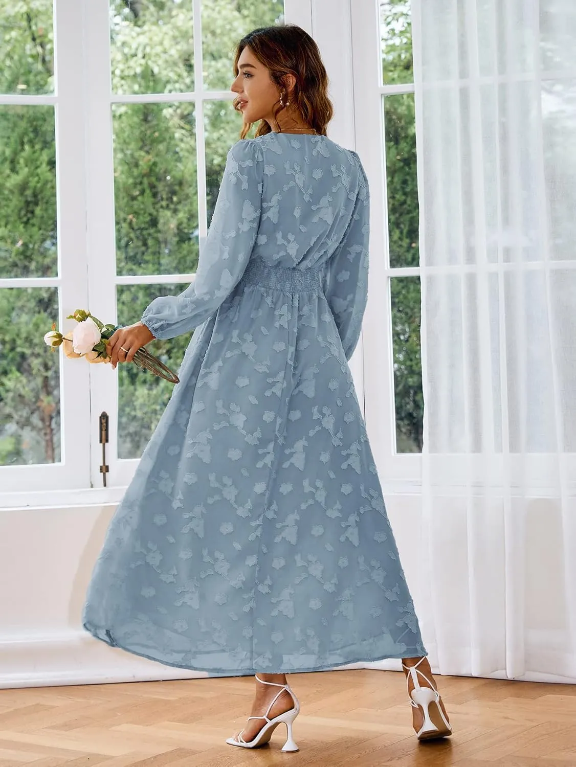 Simplee Women's Boho Floral Maxi Dress Flowy Casual V Neck Short Sleeve Wedding Guest Holiday Beach Long Dress