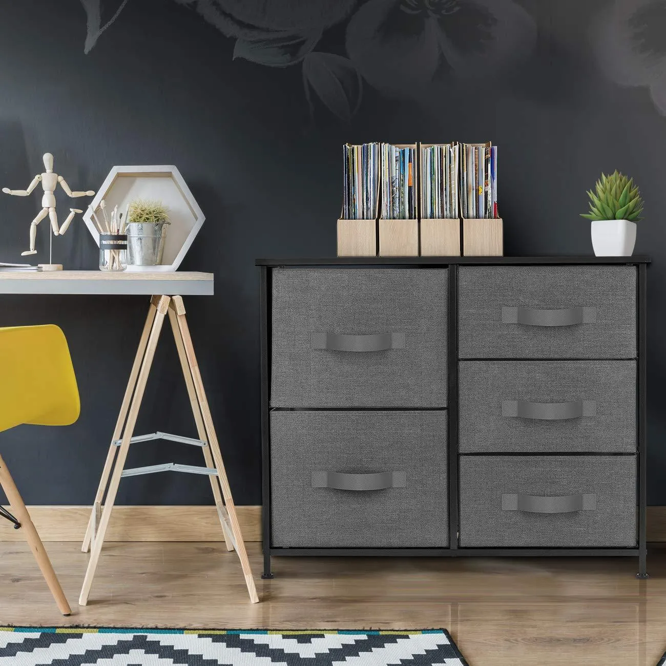 Sorbus Dresser with 5 Drawers - Furniture Storage Tower Unit for Bedroom, Hallway, Closet, Office Organization - Steel Frame, Wood Top, Easy Pull Fabric Bins (Black/Charcoal)