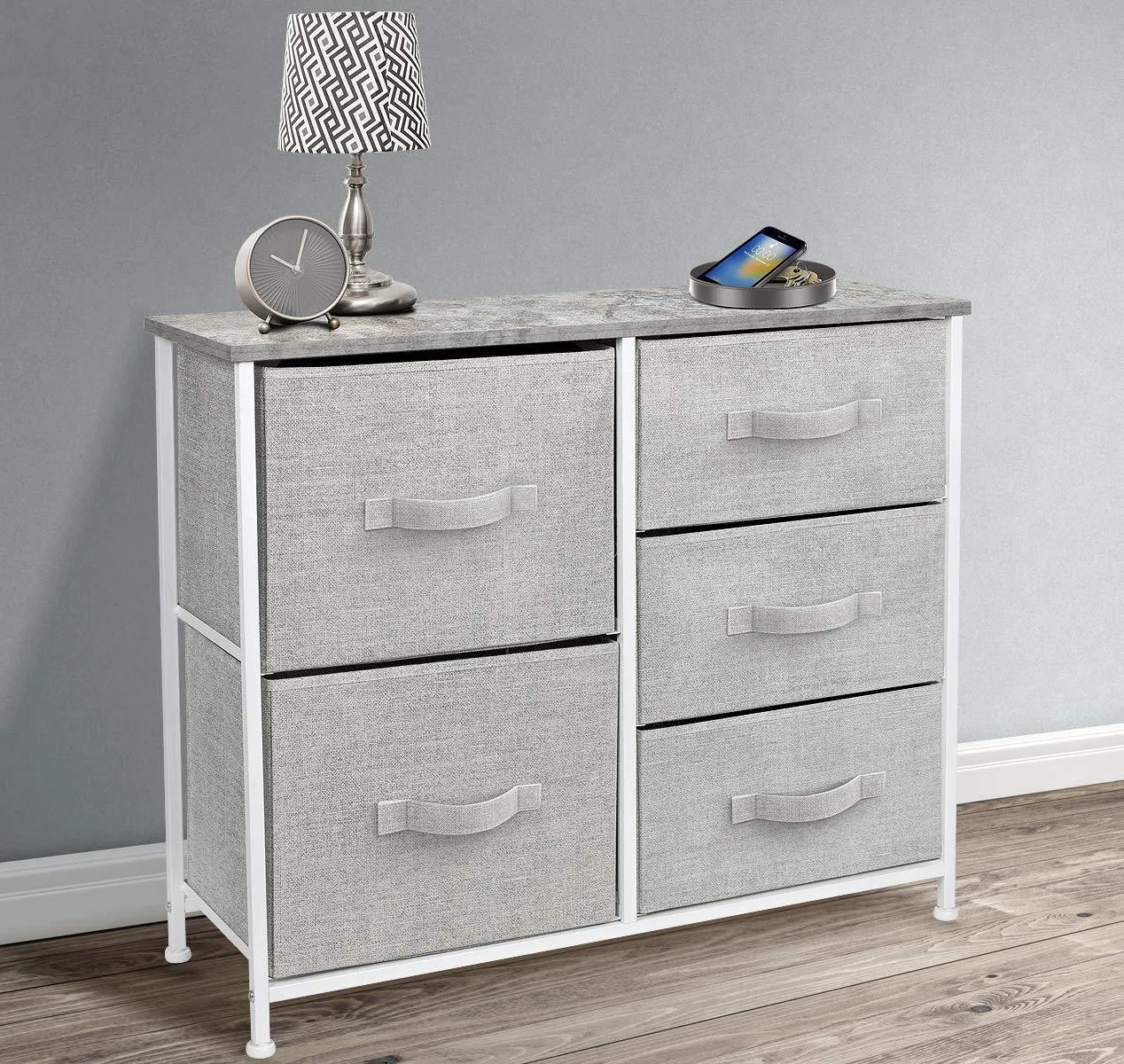 Sorbus Dresser with 5 Drawers - Furniture Storage Tower Unit for Bedroom, Hallway, Closet, Office Organization - Steel Frame, Wood Top, Easy Pull Fabric Bins (Gray)