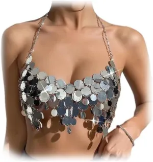 Summer Beach Sequin Backless Crop Tank Tops for Women Sexy Sparkly Hollow Out Outfit Glitter Bra Tops Festival Rave Body Chain Jewelry (Silver)