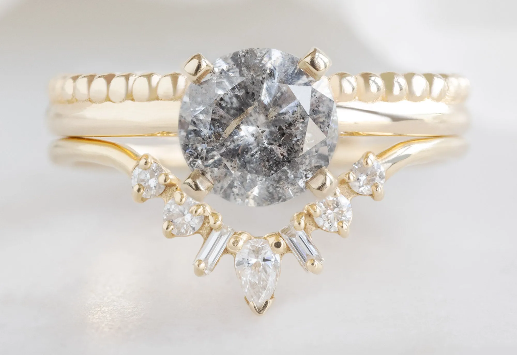 The Duo Beaded Band Ring with a 1.22ct Round Salt and Pepper Diamond