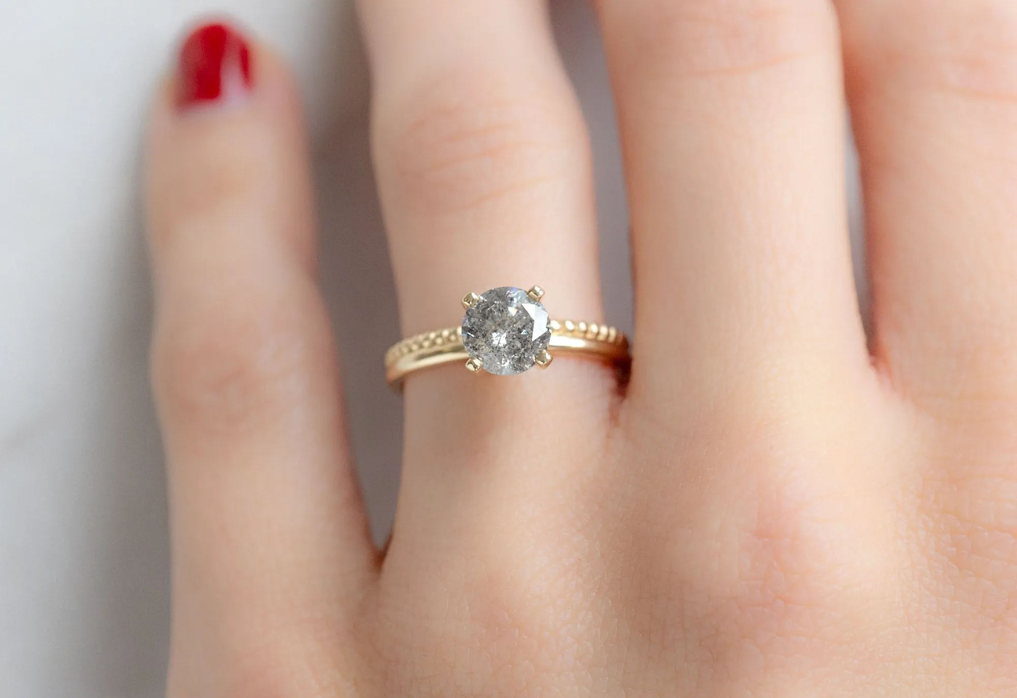 The Duo Beaded Band Ring with a 1.22ct Round Salt and Pepper Diamond