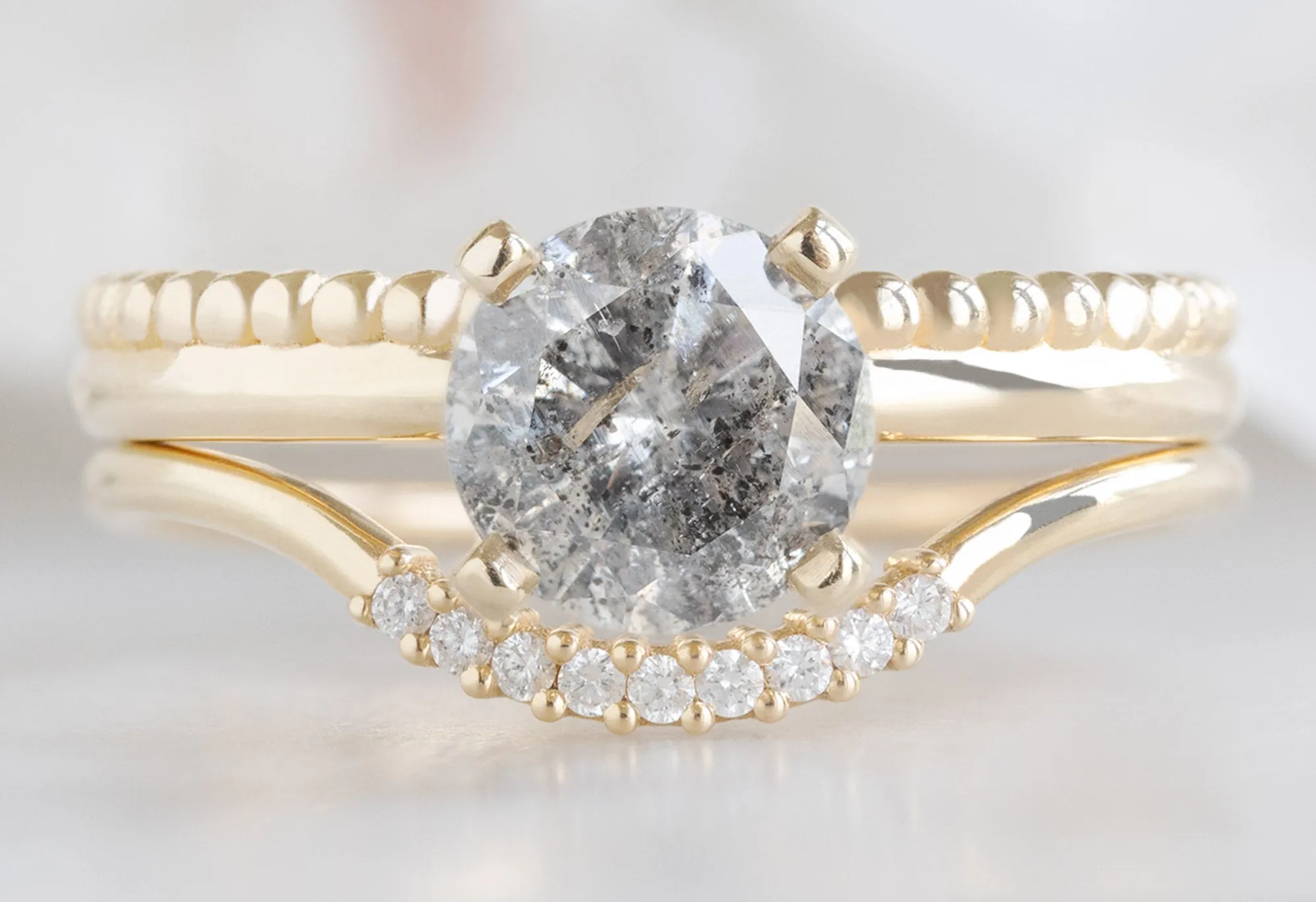 The Duo Beaded Band Ring with a 1.22ct Round Salt and Pepper Diamond