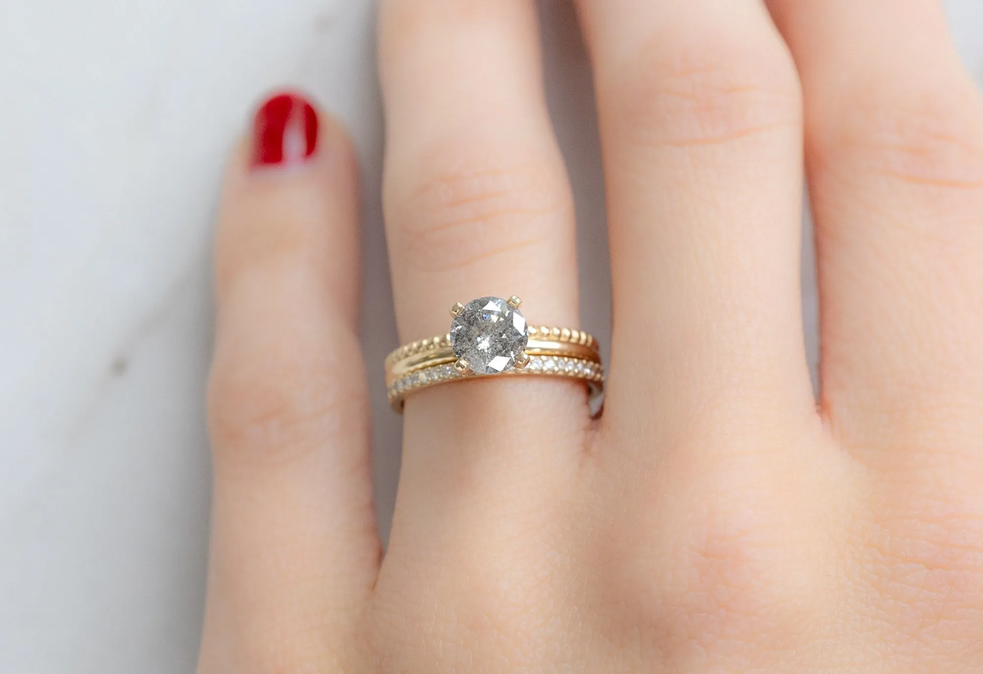 The Duo Beaded Band Ring with a 1.22ct Round Salt and Pepper Diamond