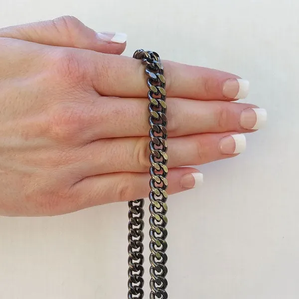 Thick Fancy Link Curb Chain with Diamond Cut Accents, Gunmetal Finish - 3/8 inch (9mm) Wide Luxury Chain Strap - Handle to Crossbody Lengths