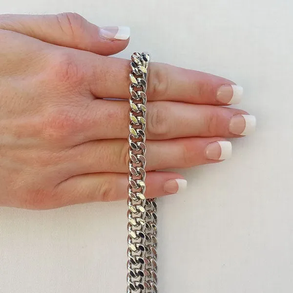 Thick Fancy Link Curb Chain with Diamond Cut Accents, Silver-tone Finish - 3/8 inch (9mm) Wide Luxury Chain Strap - Handle to Crossbody Lengths