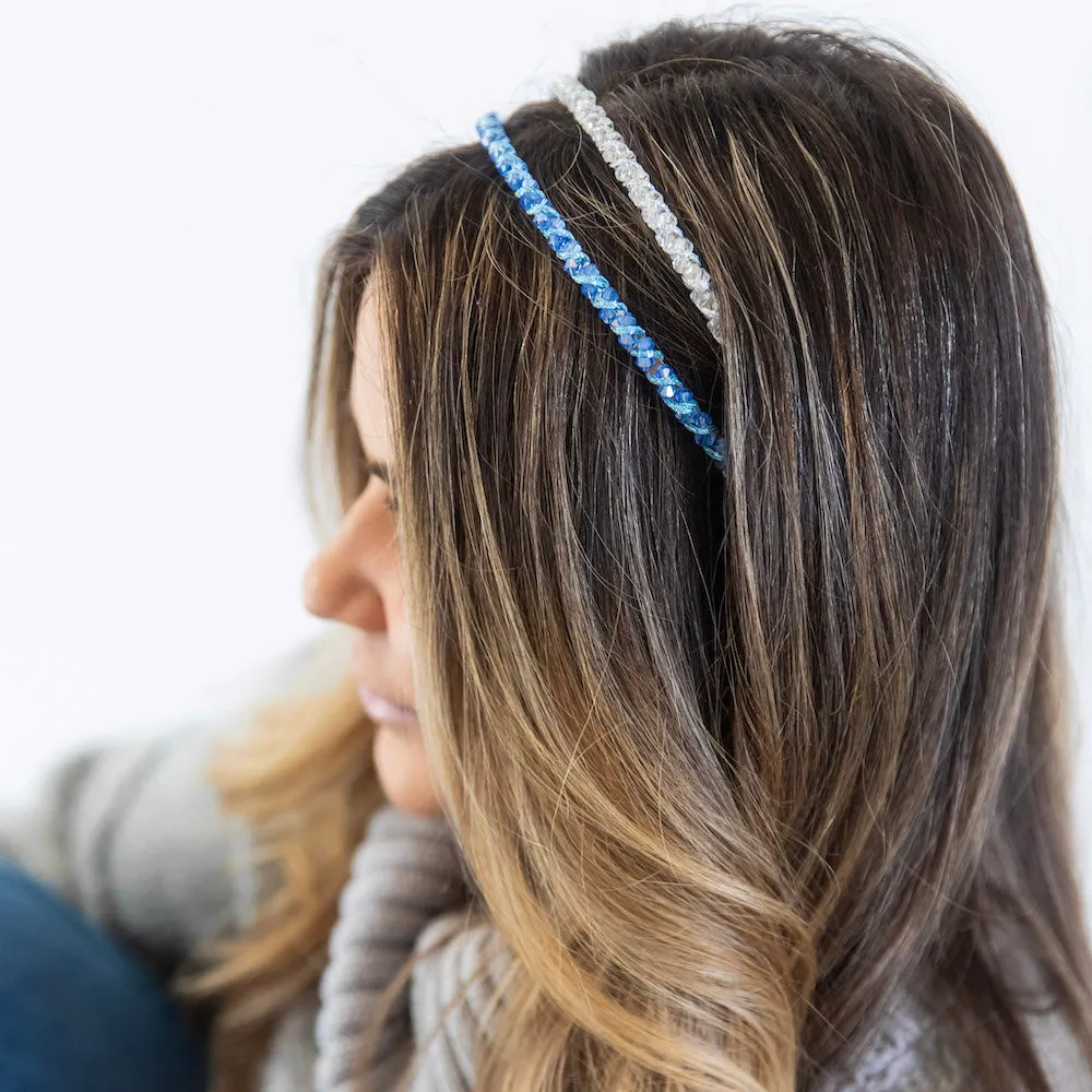 Thin Beaded Headband Set - Blue   Silver
