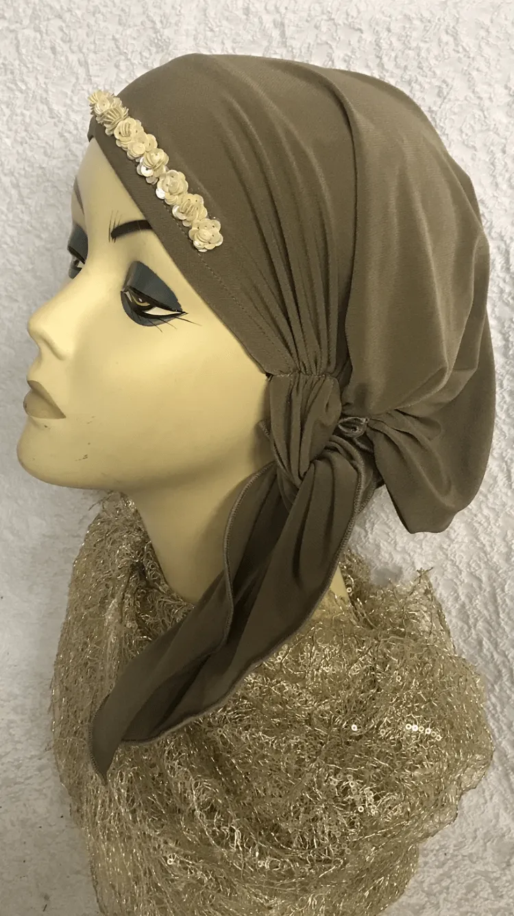 Tie Back Hat To Conceal Hair Tan Sleek and Sexy Hair Wrap