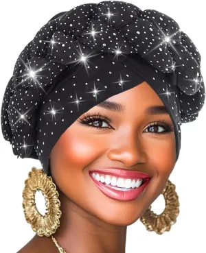 Urieo African Turban Head Wrap Rhinestone Braid Turban Hat Crystal Beanie Hair Wrap for Black Women