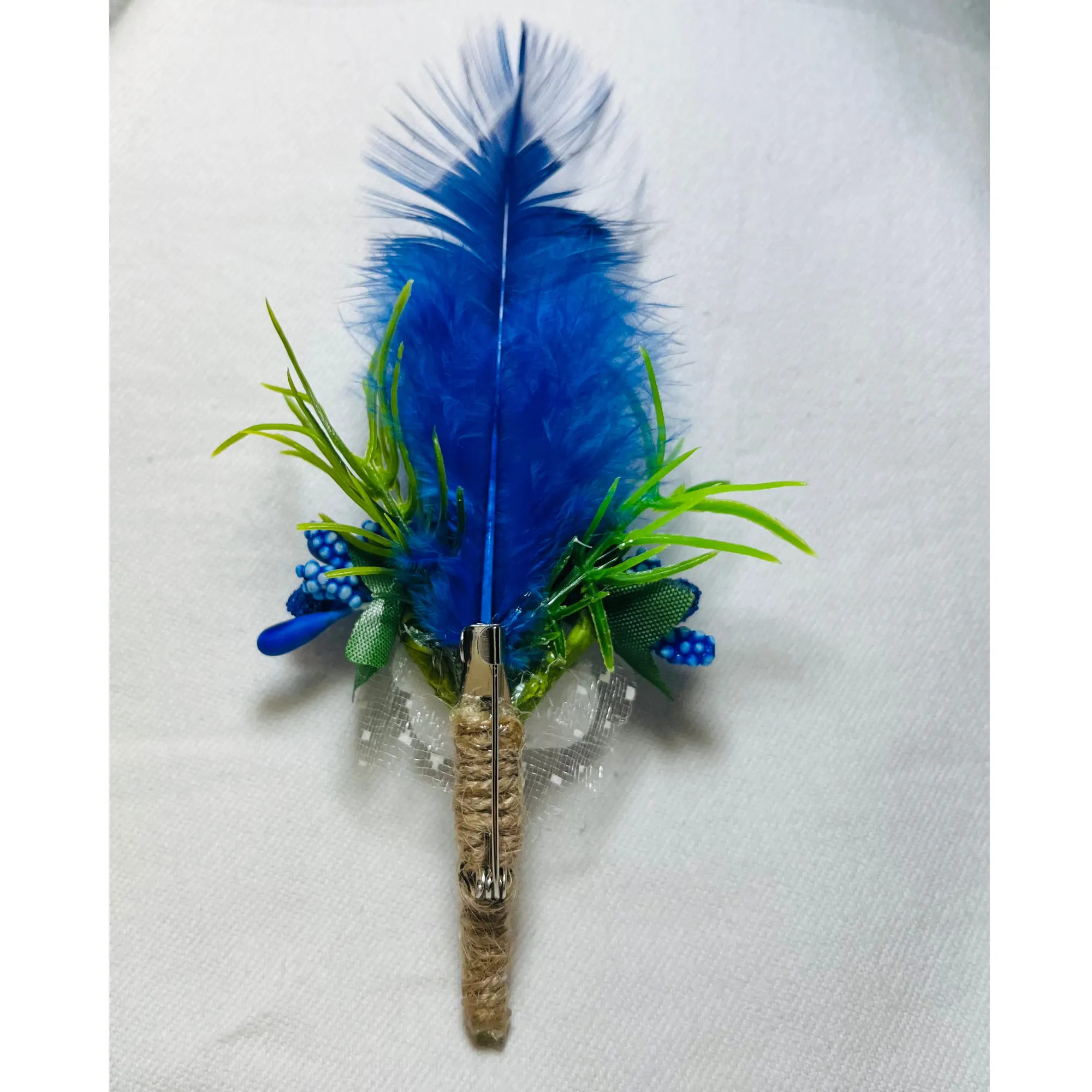 White & Blue Faux Feather Flower Brooch