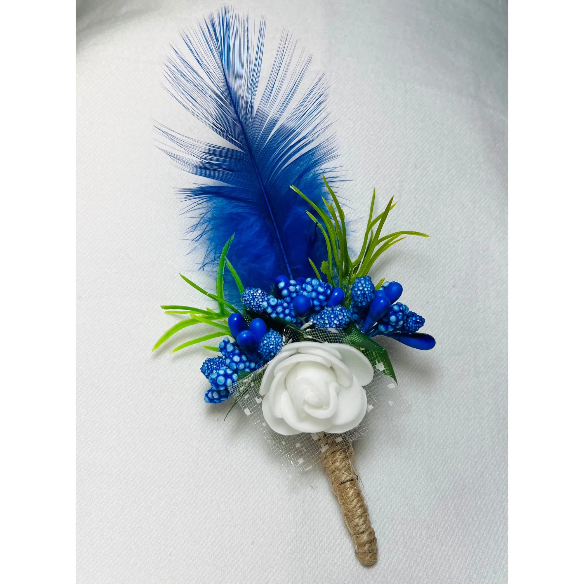 White & Blue Faux Feather Flower Brooch