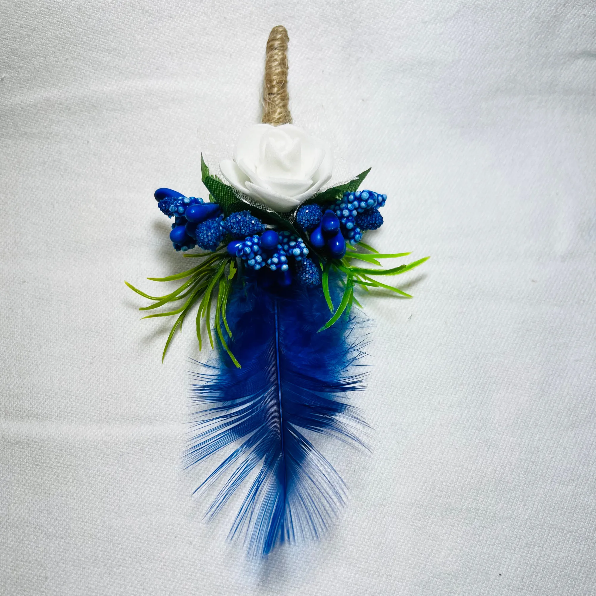 White & Blue Faux Feather Flower Brooch