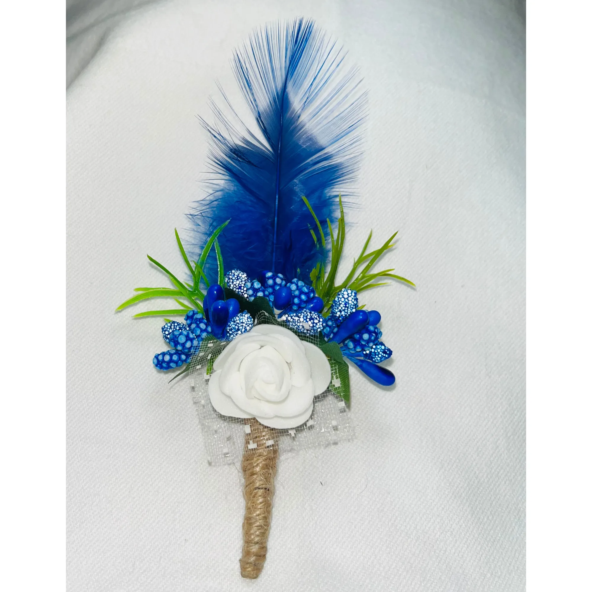 White & Blue Faux Feather Flower Brooch