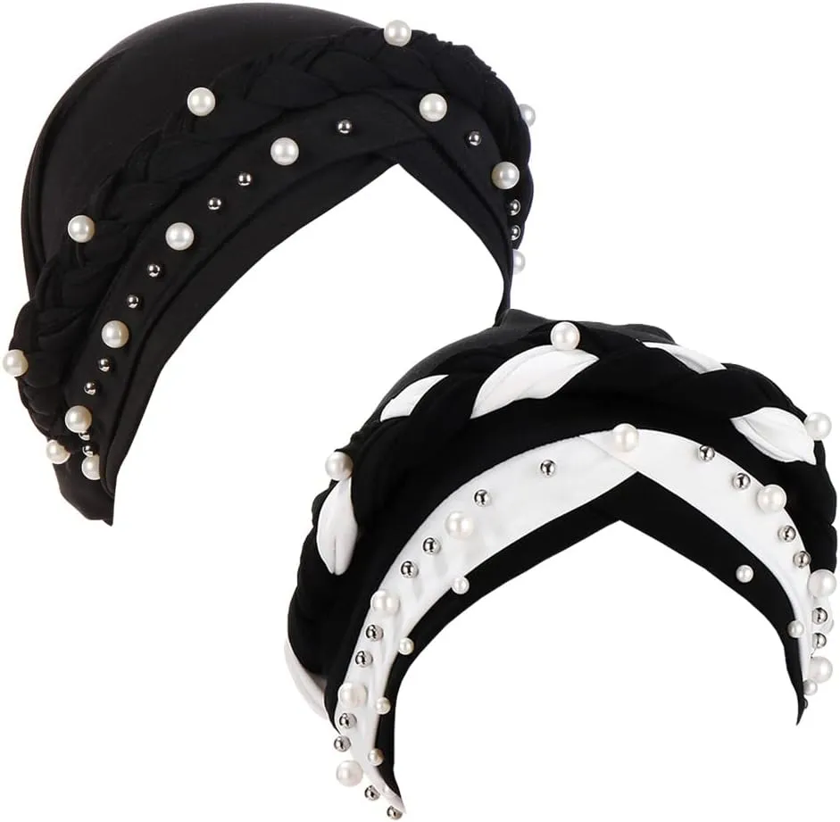 Women Hijab Beading Pearl Braid Turban Hat Head Scarf Cancer Chemo Beanies Bandana Headwrap Cap