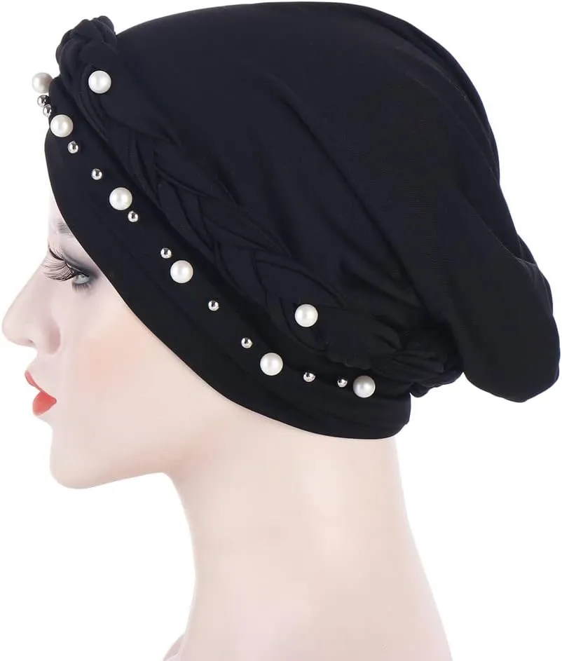 Women Hijab Beading Pearl Braid Turban Hat Head Scarf Cancer Chemo Beanies Bandana Headwrap Cap