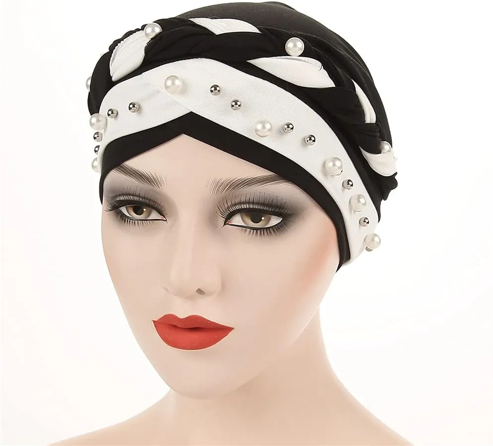 Women Hijab Beading Pearl Braid Turban Hat Head Scarf Cancer Chemo Beanies Bandana Headwrap Cap