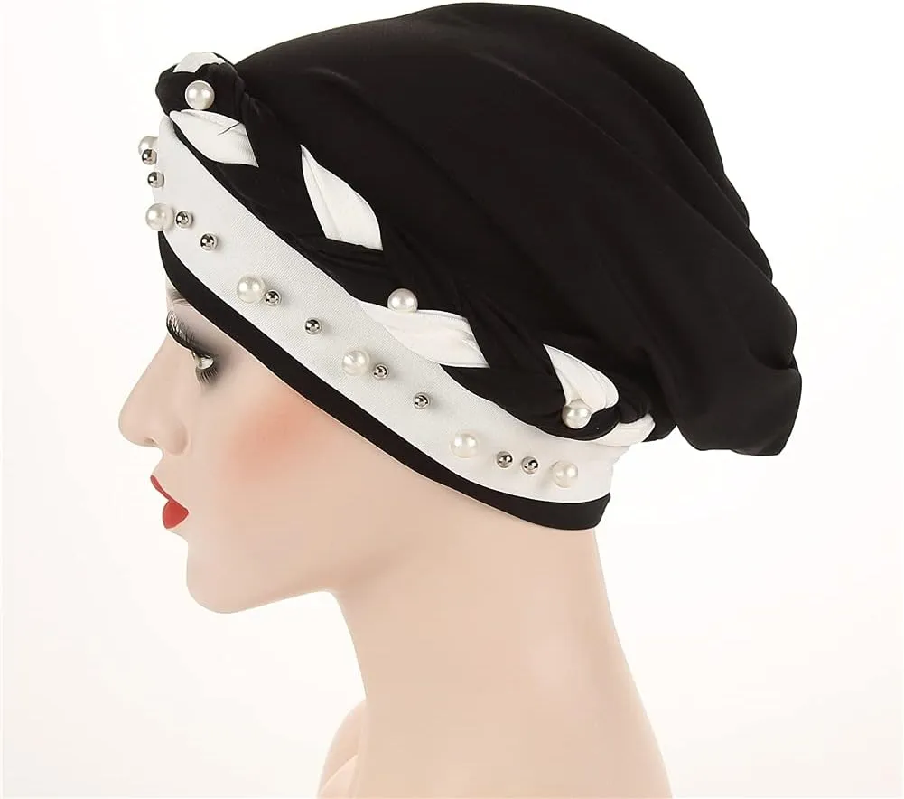 Women Hijab Beading Pearl Braid Turban Hat Head Scarf Cancer Chemo Beanies Bandana Headwrap Cap
