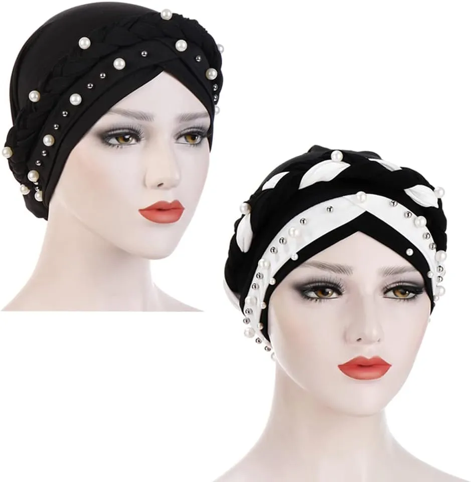 Women Hijab Beading Pearl Braid Turban Hat Head Scarf Cancer Chemo Beanies Bandana Headwrap Cap