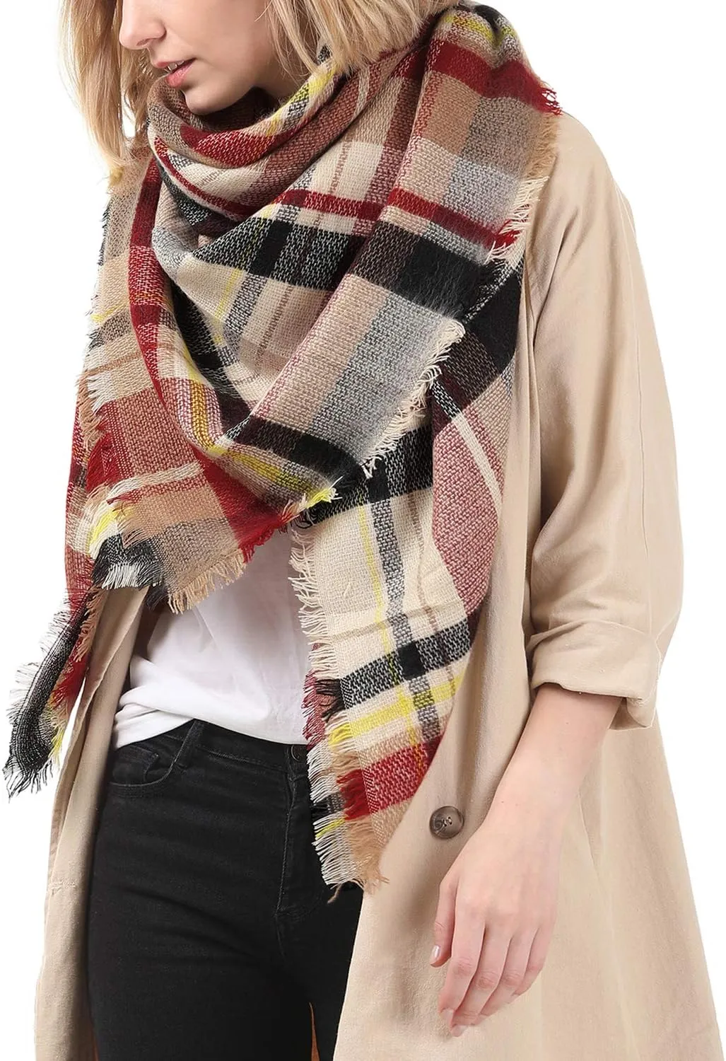 Zando Plaid Blanket Thick Winter Scarf Tartan Chunky Wrap Oversized Shawl Cape Scarves