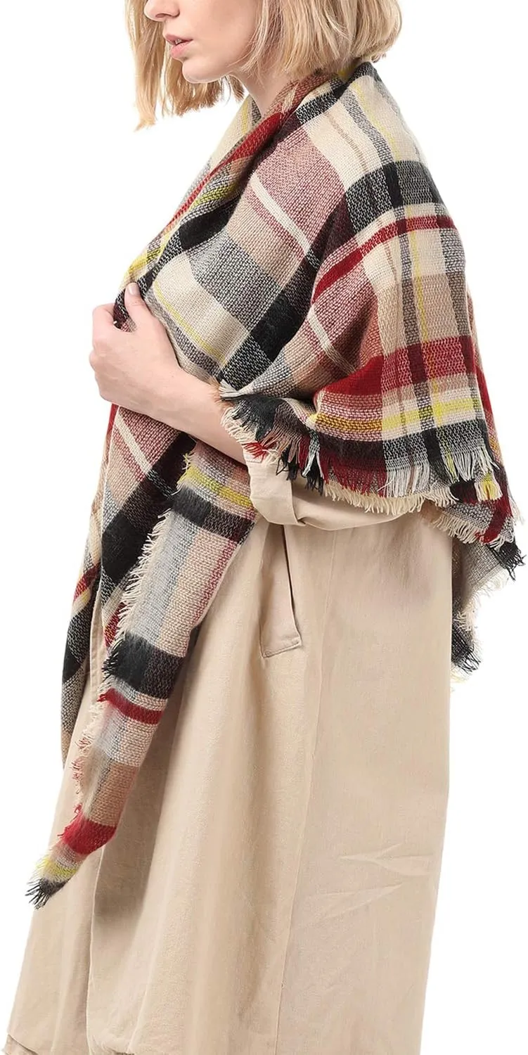 Zando Plaid Blanket Thick Winter Scarf Tartan Chunky Wrap Oversized Shawl Cape Scarves