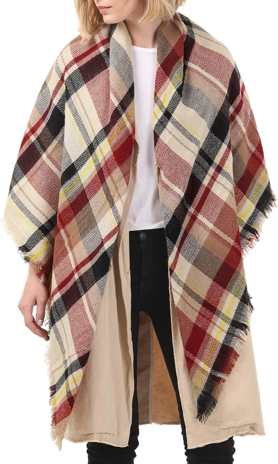 Zando Plaid Blanket Thick Winter Scarf Tartan Chunky Wrap Oversized Shawl Cape Scarves