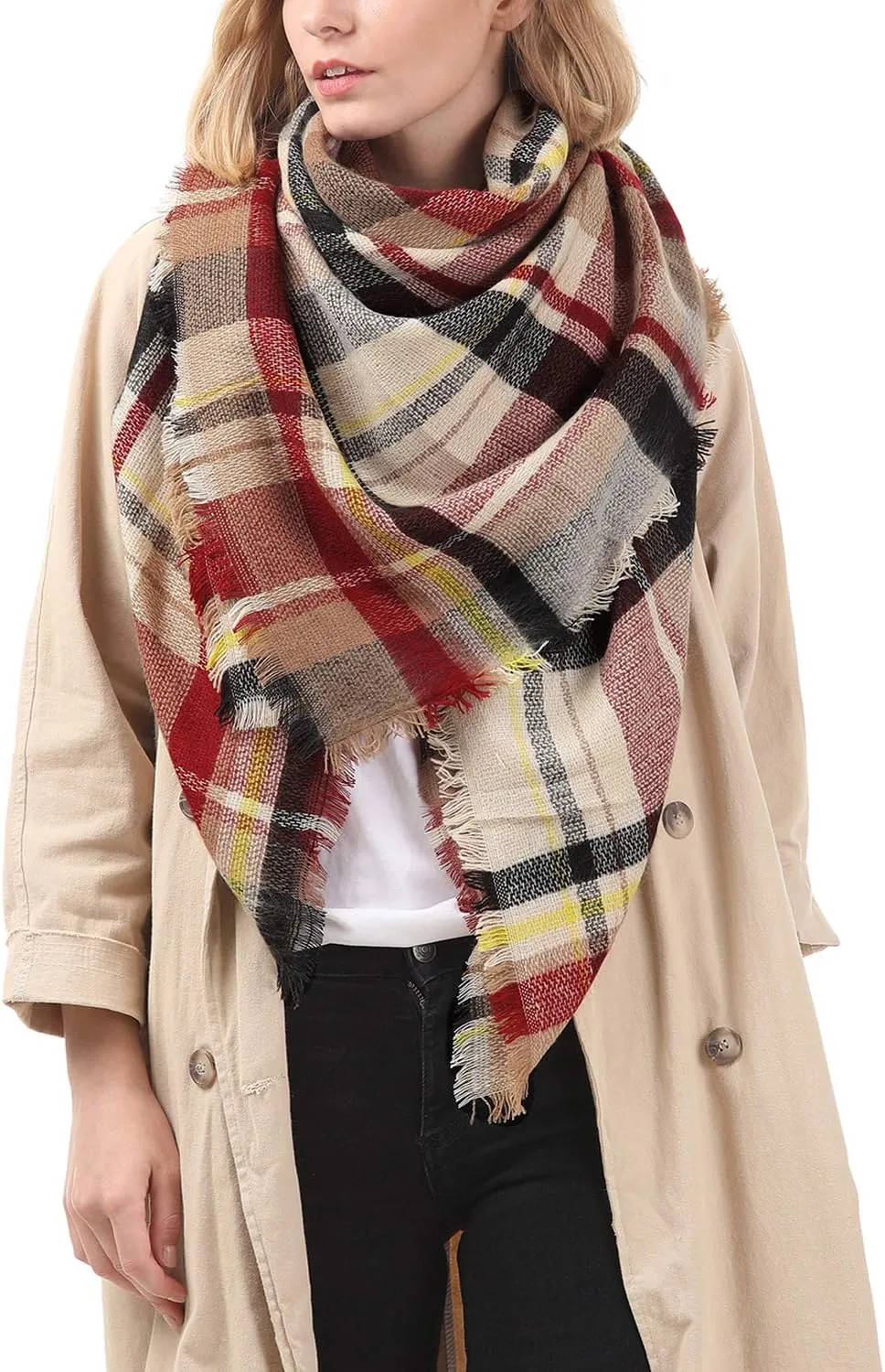 Zando Plaid Blanket Thick Winter Scarf Tartan Chunky Wrap Oversized Shawl Cape Scarves