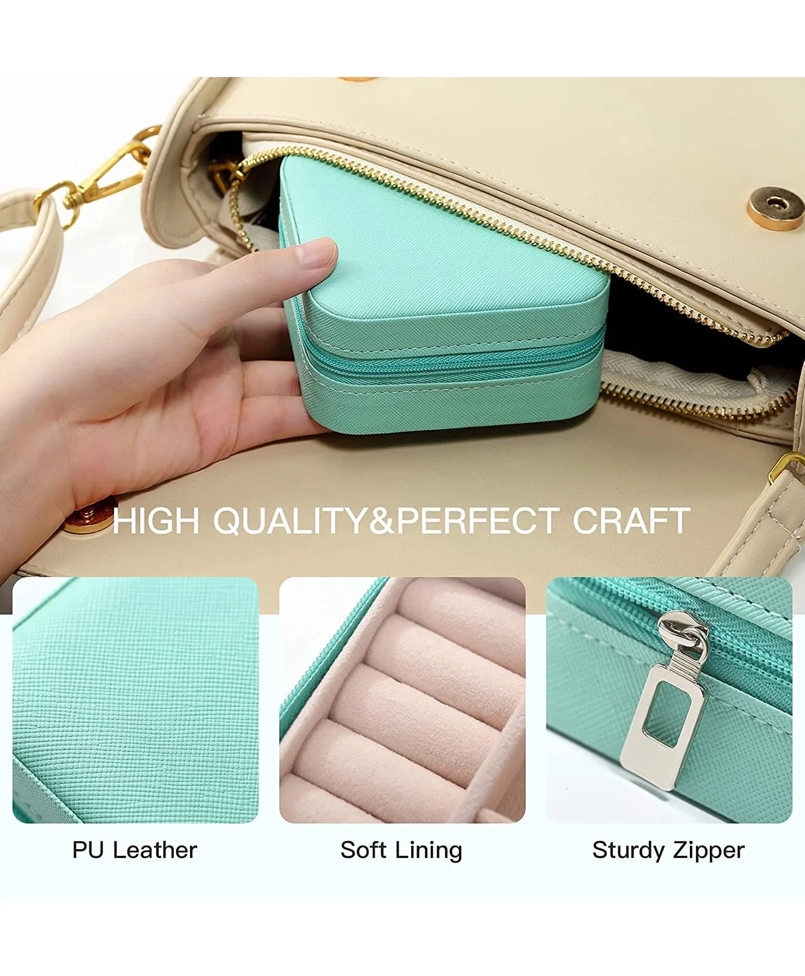 ZARDER - Jewellery Organiser PU Leather Zipper Portable Storage Box-Blue ( Only Box )