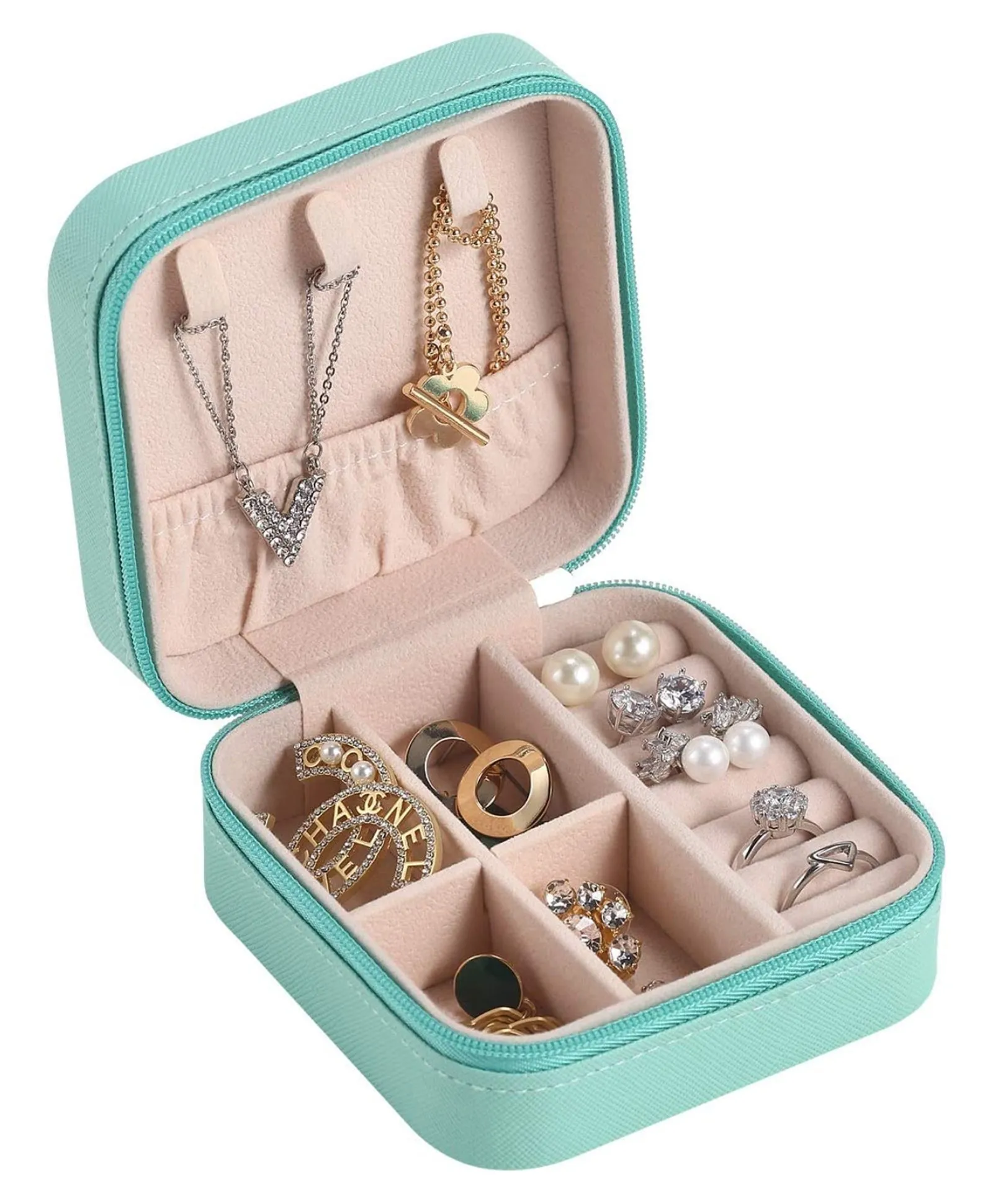 ZARDER - Jewellery Organiser PU Leather Zipper Portable Storage Box-Blue ( Only Box )