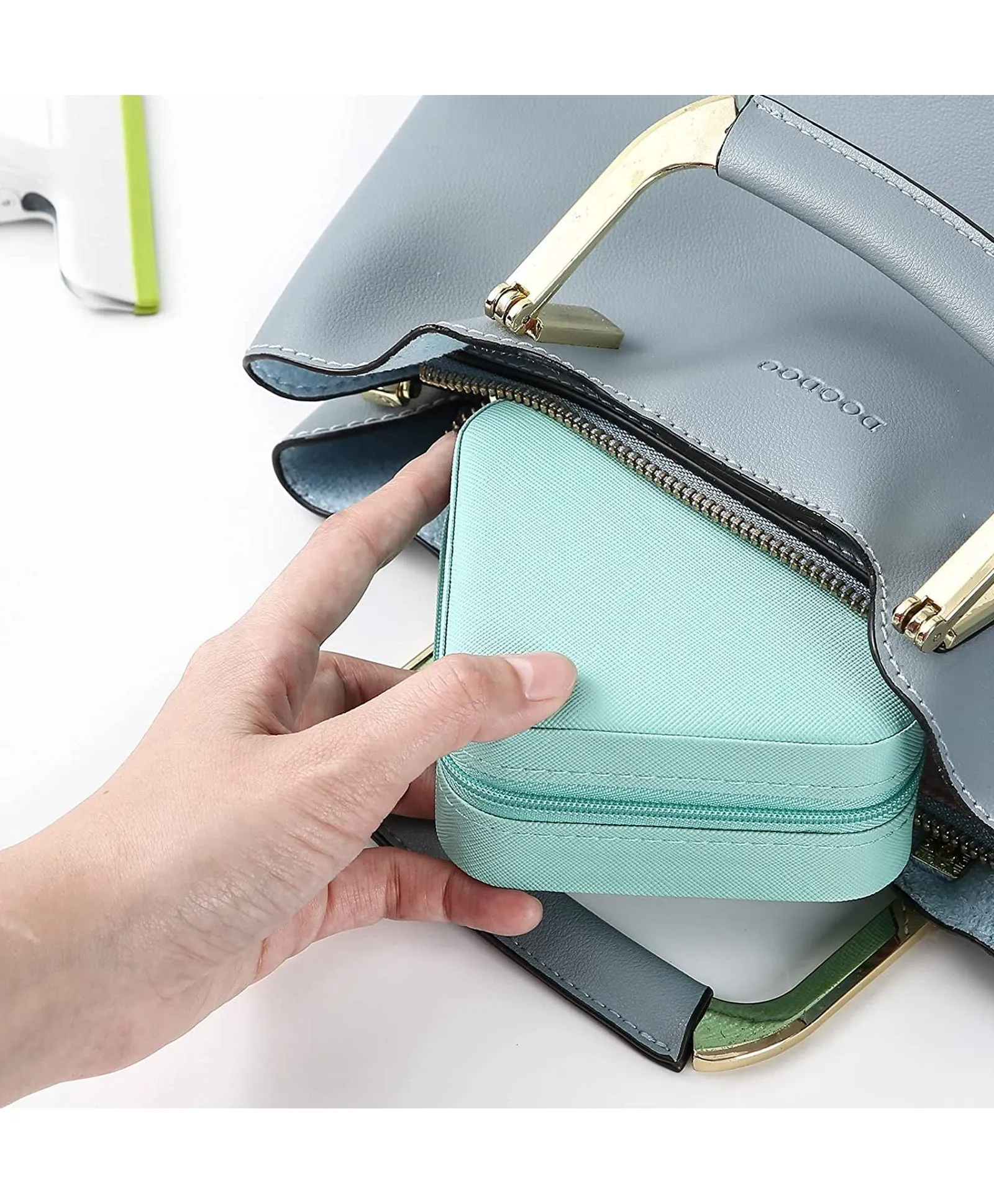ZARDER - Jewellery Organiser PU Leather Zipper Portable Storage Box-Blue ( Only Box )