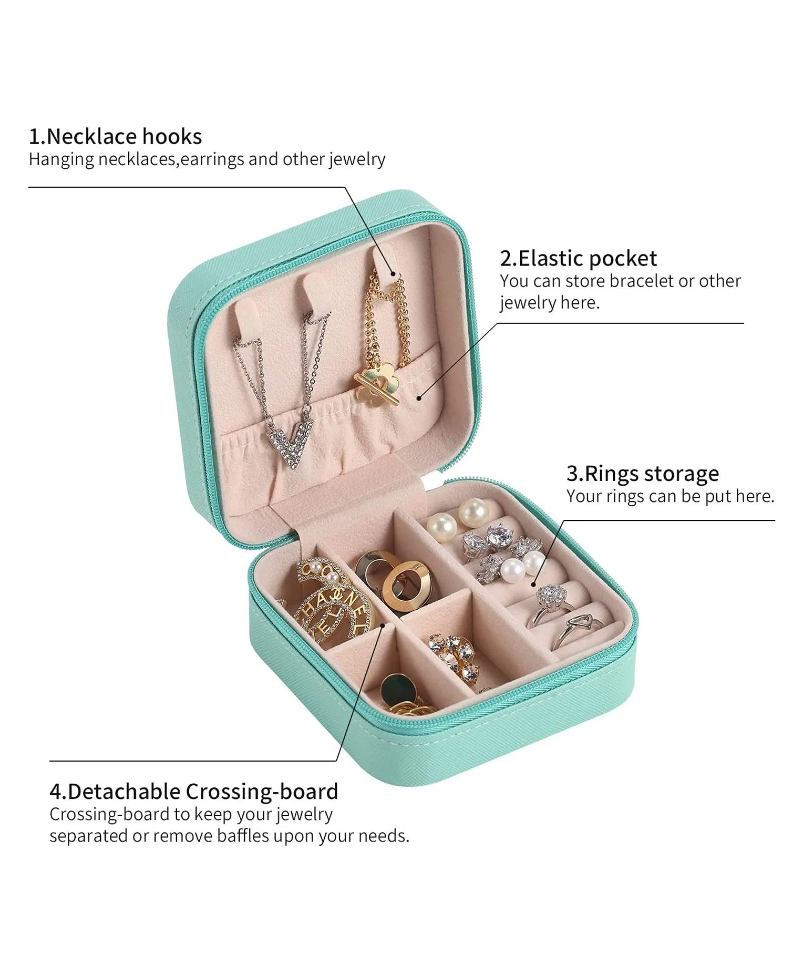 ZARDER - Jewellery Organiser PU Leather Zipper Portable Storage Box-Blue ( Only Box )