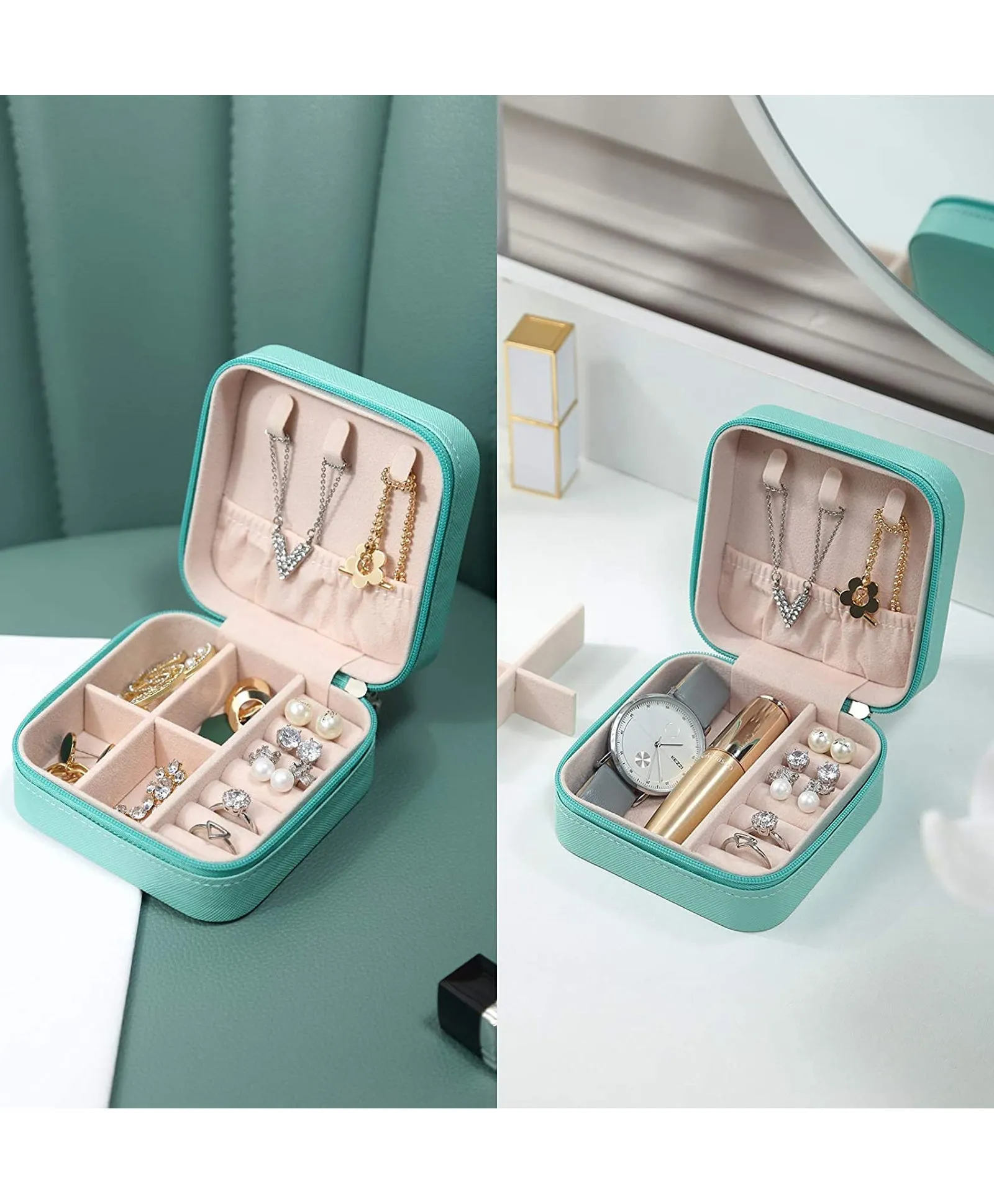 ZARDER - Jewellery Organiser PU Leather Zipper Portable Storage Box-Blue ( Only Box )