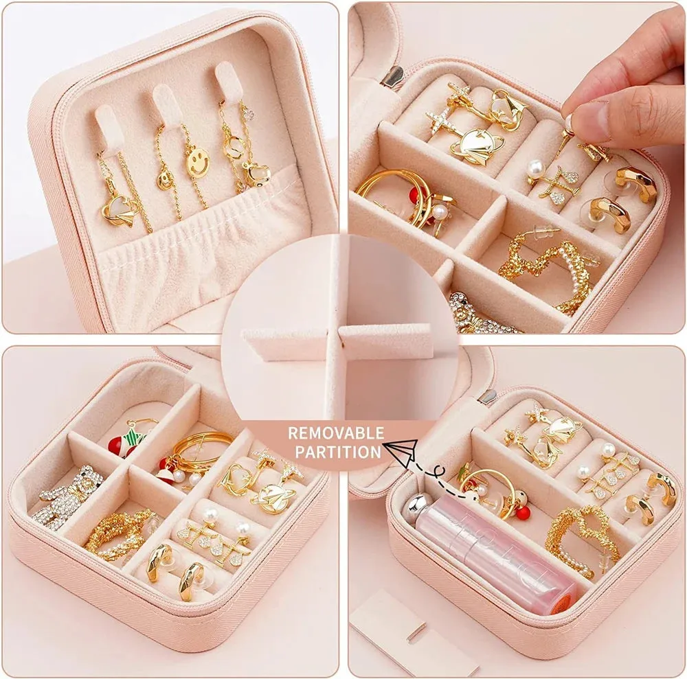 ZARDER - Jewellery Organiser PU Leather Zipper Portable Storage Box - Pink ( Only Box )