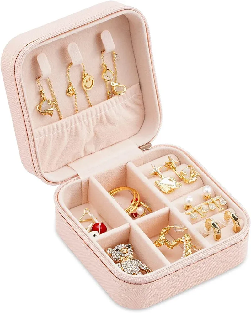 ZARDER - Jewellery Organiser PU Leather Zipper Portable Storage Box - Pink ( Only Box )